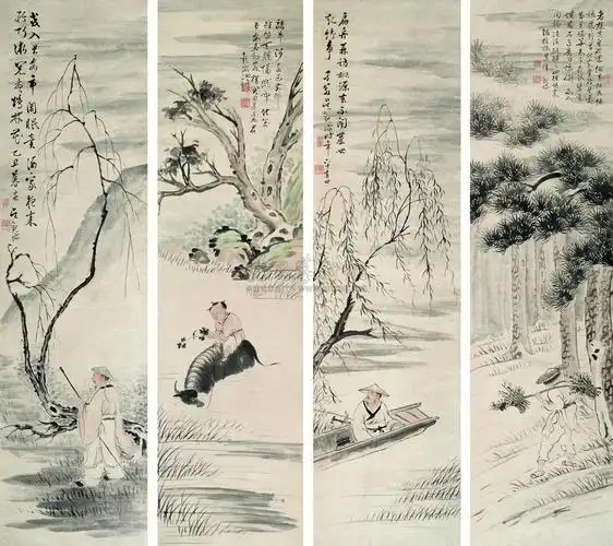 14611925年作渔樵耕读立轴设色纸本