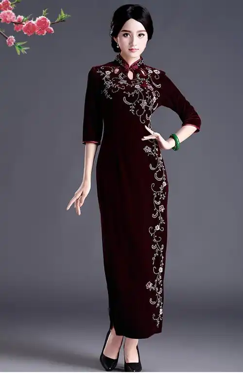 秋冬季妈妈装金丝绒长款旗袍 高档时尚复古结婚宴会旗袍礼服批发