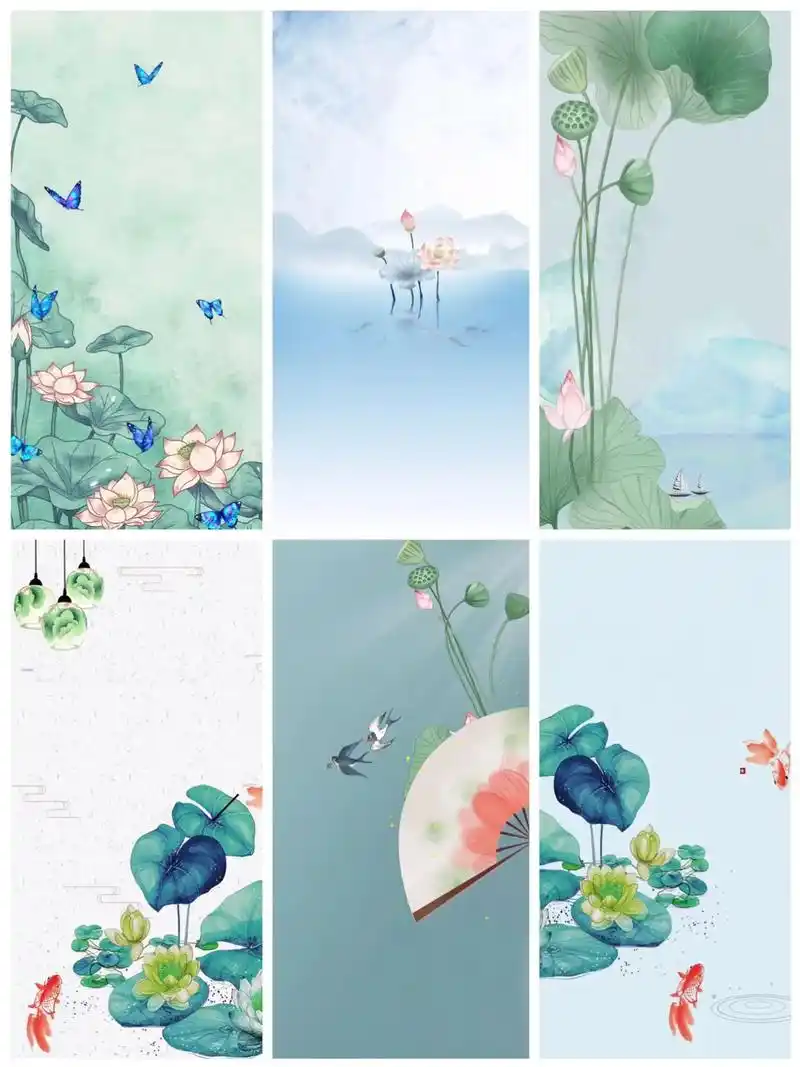 97古风荷花 |壁纸 | 插画海报 | 背景素材6015#夏日荷 - 抖音