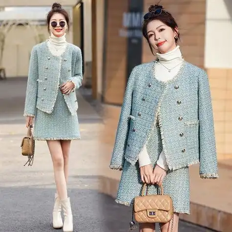 秋冬洋气减龄时尚套装裙女流苏短外套气质名媛小洋装短裙两件套
