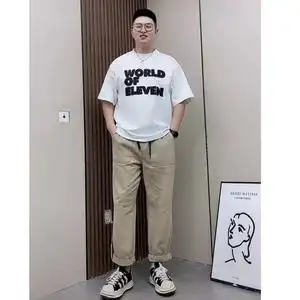 小季微胖男装夏季胖子穿搭纯棉字母印花宽松短袖搭配卷边工装裤潮