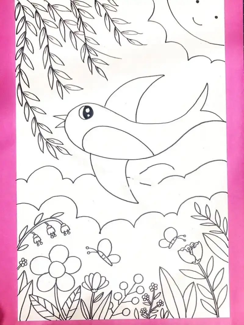 春天主题儿童画/燕子来了/柳树简笔画附线稿             附线稿