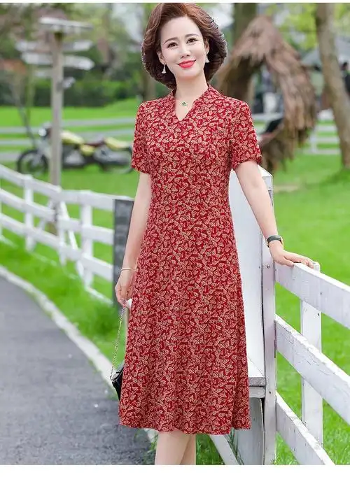 浪莎中年连衣裙夏季新款中老年女夏装妈妈短袖宽松碎花过膝洋气中长