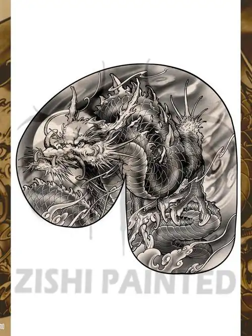 (客订)入云龙黑灰半甲_纹身图案手稿图片_子时的纹身作品集