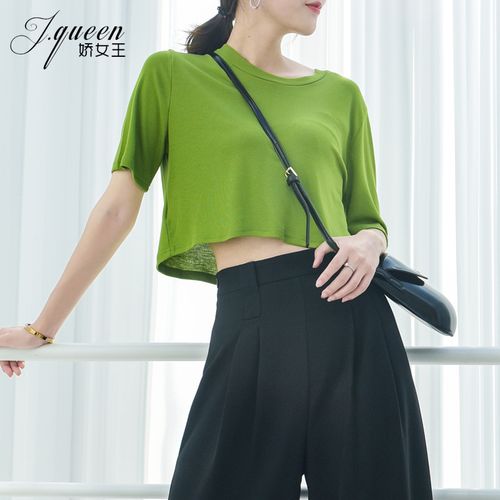 牛油果绿短袖t恤女夏季短款宽松显瘦露脐上衣网红百搭圆领打底衫