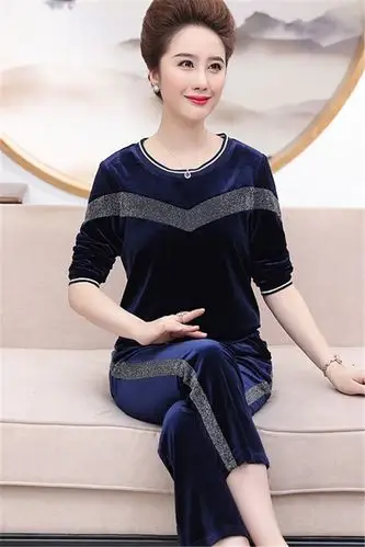妈妈装春秋装套装中年40岁金丝绒套装中老年女装运动套装女大码