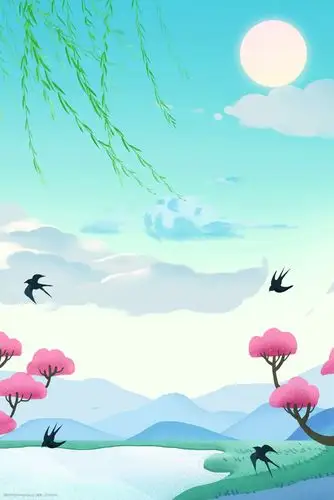 关键词:手绘山水春日惊蛰节气背景 手绘 卡通 扁平 绿色 惊蛰 春天