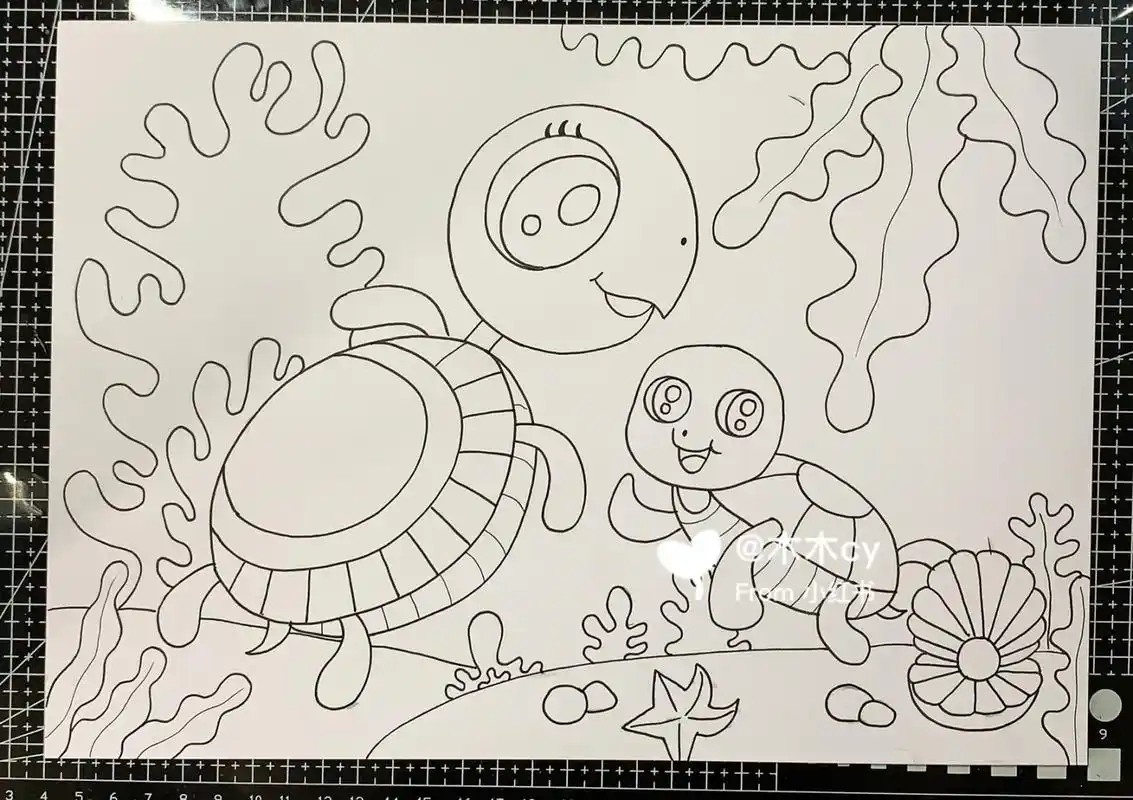 马克笔儿童画 | 海底世界 | 海龟 临摹 纸张:荷兰白卡 马克笔:多乐绘