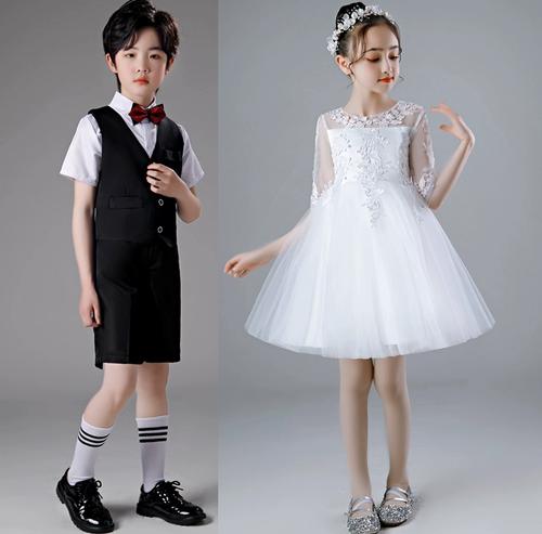 小学生合唱演出服幼儿园主持人毕业礼服男背带裤公主裙白色蓬蓬裙