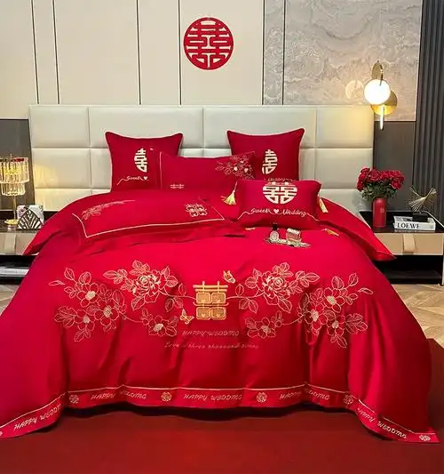 新婚庆四件套大红色全棉刺绣结婚房喜被套六八十件套纯棉床上用品