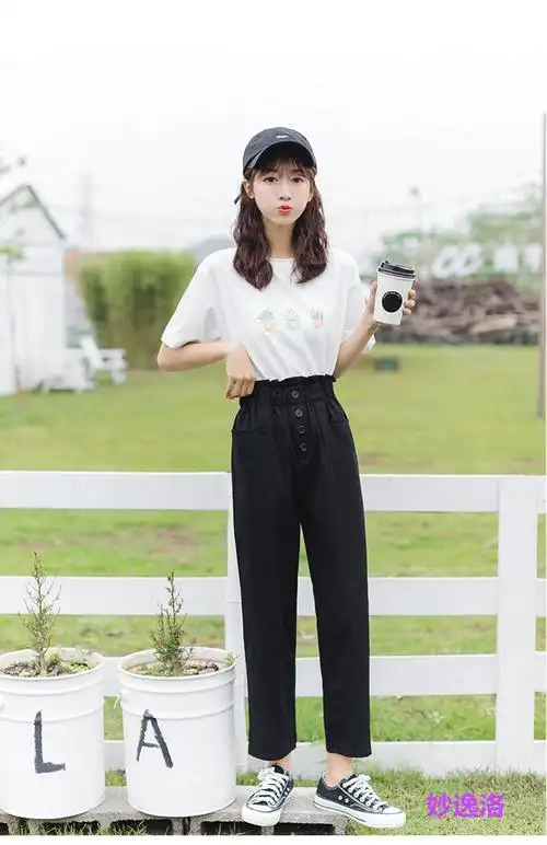 高中初中生女生短袖套装衣服夏天穿学生原宿风t恤潮流萝卜裤子一套 53