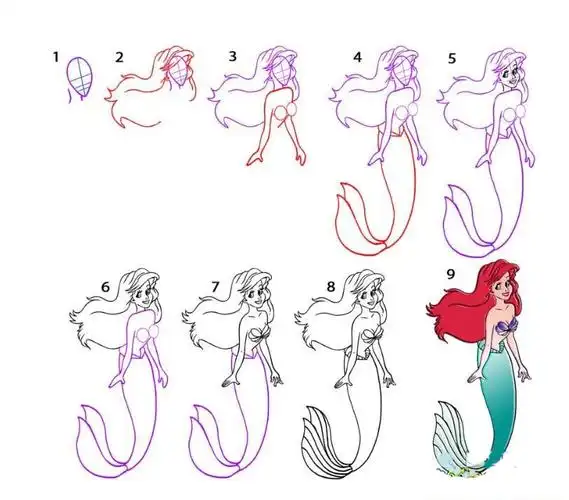 小美人鱼的简笔画步骤教程_小美人鱼爱丽儿