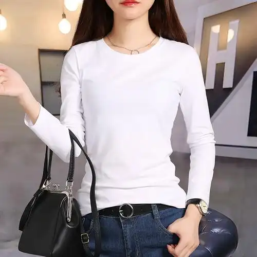 2021秋季新款长袖t恤女打底衫修身上衣韩版百搭小圆领打底体恤 - 采棉