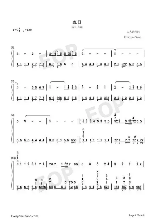 红日-李克勤双手简谱预览1