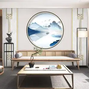 新中式轻奢山水墙纸仿护墙板电视背景墙墙布客厅茶室店铺壁画壁纸