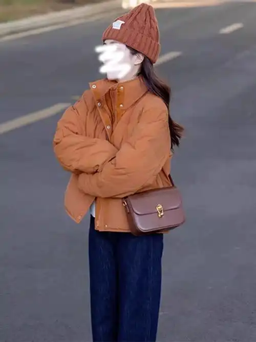 韩系穿搭立领羽绒服女秋冬季2023年新款小个子橙色棉袄短款外套