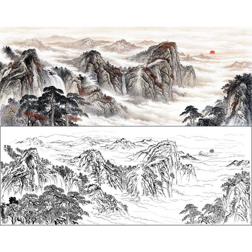高清风景工笔画山水白描底稿大横幅旭日东升用作临摹勾线打印稿