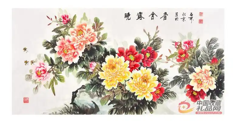 国礼书画家石开四尺横幅牡丹图《晓露含香》