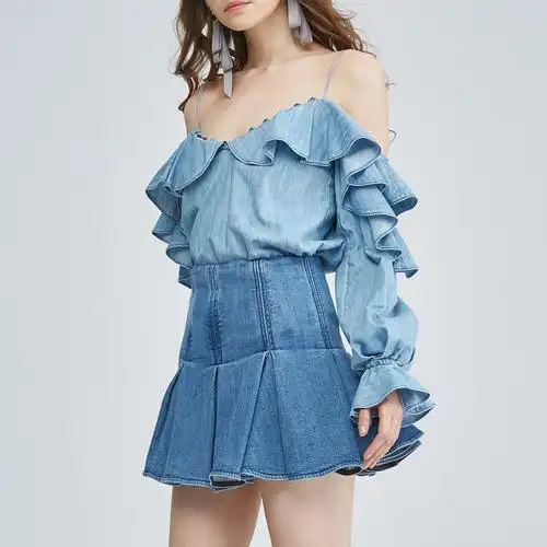 荷叶边泡泡袖长袖女士牛仔女式衬衫衬衣