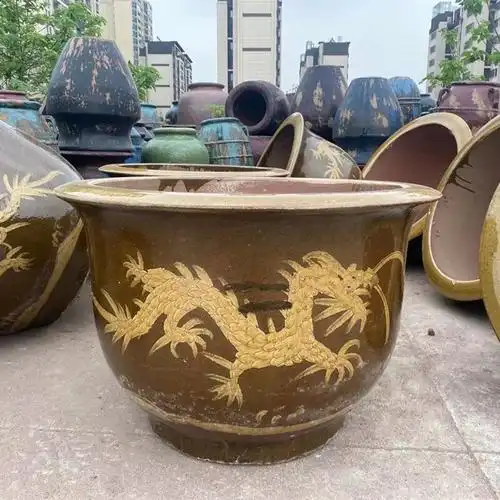 龙缸花盆粗陶均釉缸大型铁树茶树落地盆陶瓷花卉绿植盆栽种树龙缸 均