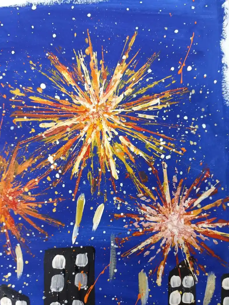 烟花~#水粉画  #跟着抖音学画画 #儿童水粉画 #元旦创意 - 抖音