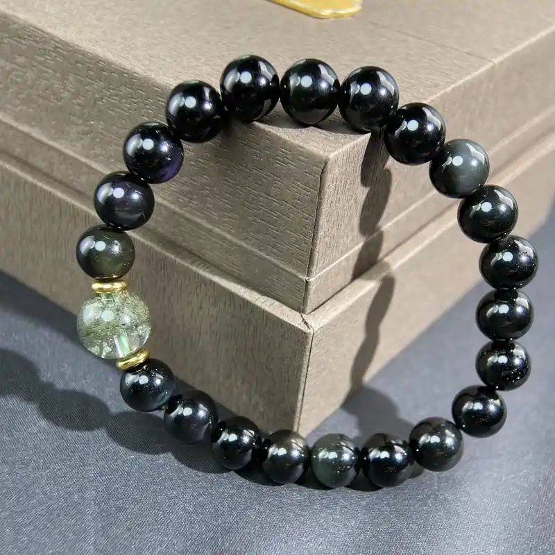 这款黑曜石手链佩戴舒适,绿幽灵水晶更是美丽动人,不仅能招财转 - 抖