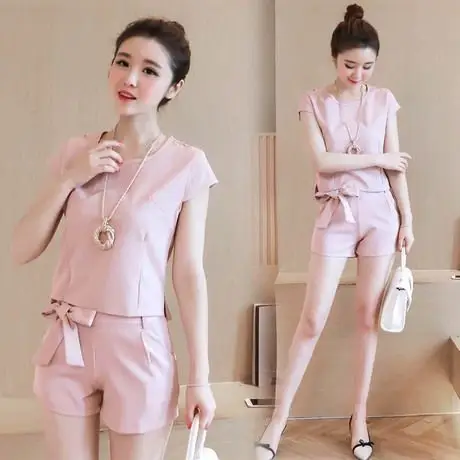 2016夏季新款韩版女装休闲名媛气质时尚修身两件套短裤短袖套装