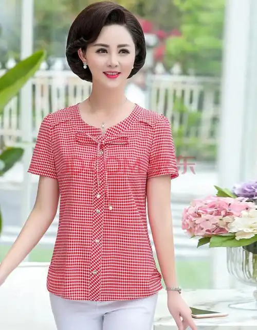妈妈装短袖t恤女夏装40-50岁中年女装短款上衣中老年夏季格子衬衫【3