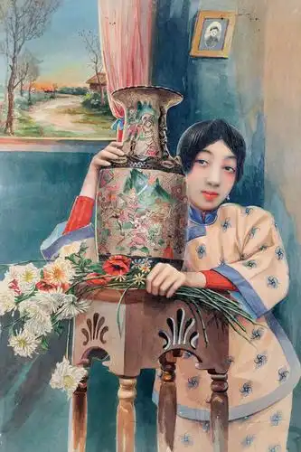 佚名 民国 抱瓶仕女 纸本水彩