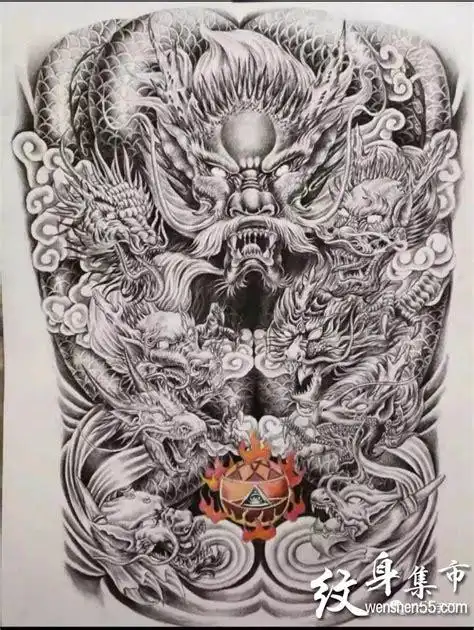 满背九龙拉棺纹身,满背九龙拉棺纹身手稿图案 - 纹身集市