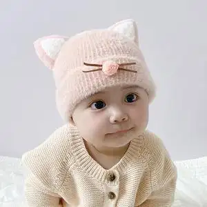 秋冬季婴儿毛线帽卡通猫咪造型帽子男女宝宝可爱套头帽新生儿童帽