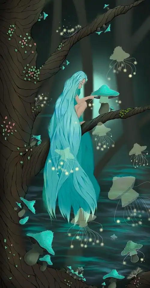 在空中漂浮森林里的蘑菇头会变成水母一样的精灵在微光穿透雾气的