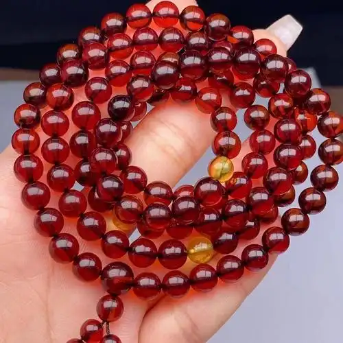 血珀108佛珠 酒红透亮 光泽极好 显白毛衣链 尺寸6 m 重19.
