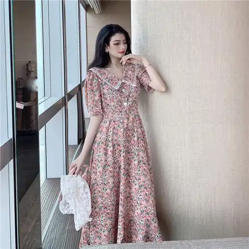 原版做工大码女装中长款碎花连衣裙女夏装胖mm短袖v领过膝裙 - 17网