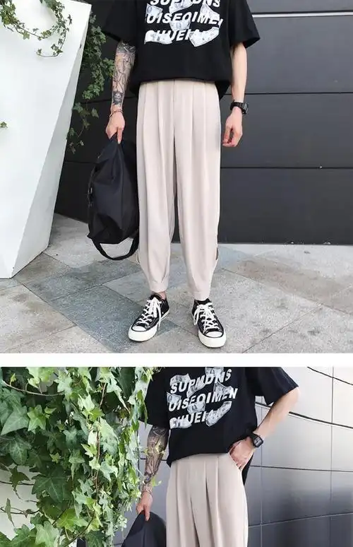 简约t恤休闲束脚裤潮流百搭个性情侣装 卡其色上衣 米白色系带裤子 不