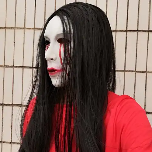 红衣女鬼面具鬼屋道具万圣节气氛道具节日整蛊吓人乳胶面具工厂