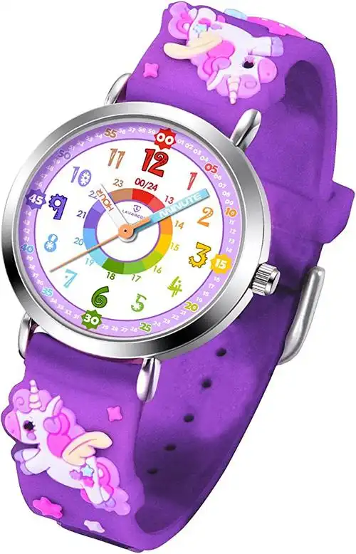 防水手表,适合 3-12 岁儿童,石英机芯儿童模拟手表,3d 卡通彩虹表盘