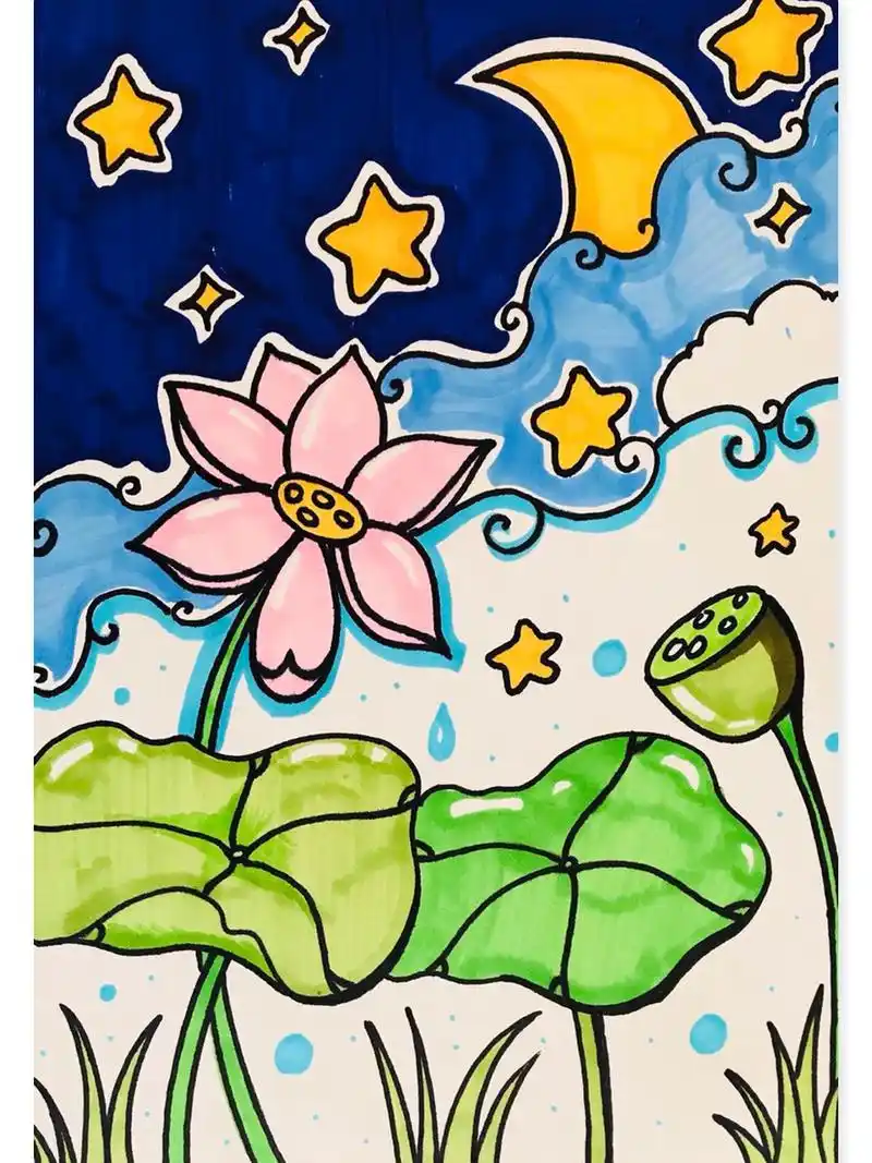 夏日荷花儿童画创意画步骤 🎨《夏日荷花》 儿童画100幅打卡:13/100