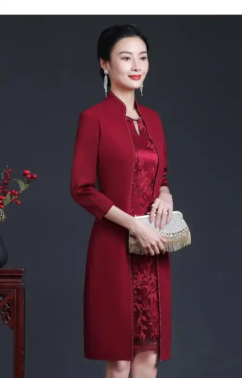 婚礼妈妈装高档礼服丈母娘结服洋气高贵红色连衣裙年轻喜婆婆婚宴秋