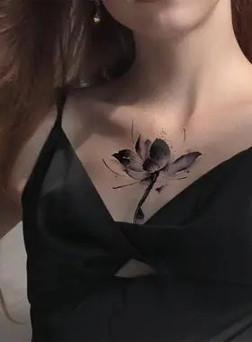 墨印记纹身贴文艺遮疤痕持久贴纸2022新款女胸口身体贴花防水荷花