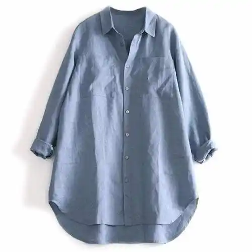 无印良品muji日本日系外贸出口女装亚麻中长款衬衫棉麻长袖衬衣秋-mc