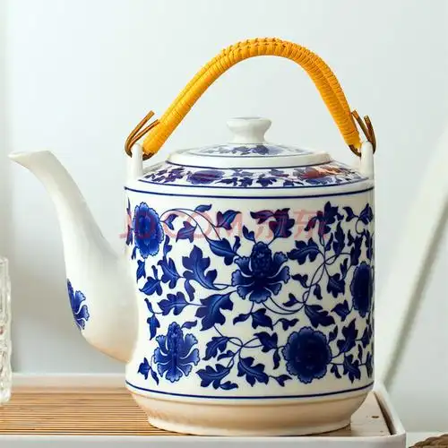 陶瓷大茶壶家用景德镇青花瓷冷水壶大容量凉水壶老式提梁壶泡茶壶 2l