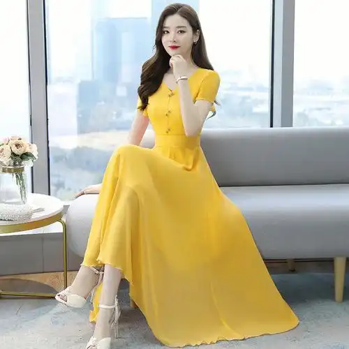 短袖优雅收腰大码连衣裙女 韩版v领雪纺长款女装沙滩裙子
