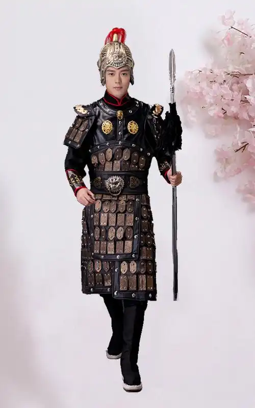 锁子甲古装男款古代盔甲将军大帅大将戏服岳飞演出服装金色铠甲披风