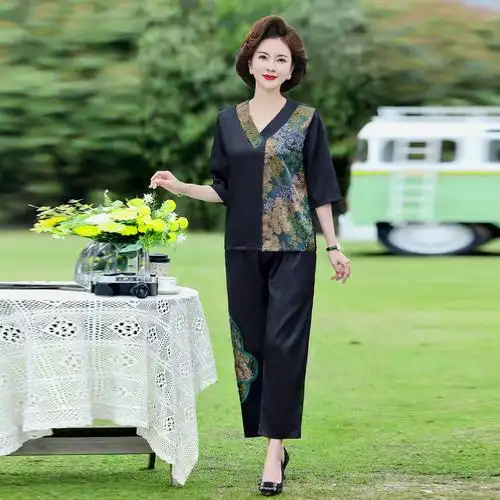 夏季套装妈妈装中袖两件套加大加肥女装200斤中年女夏季新款