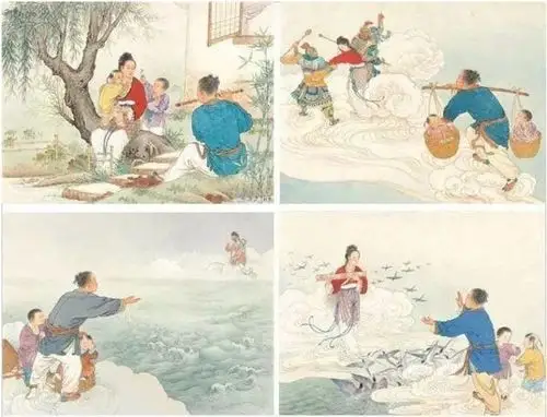 牛郎回家后发现织女不在,急忙披上牛皮,担着孩子就去追织女,王母娘娘