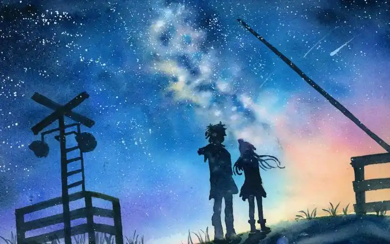 手绘星空下的男孩和女孩水彩