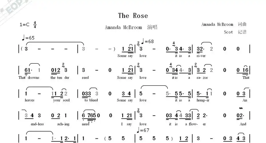 「经典怀旧名曲」the rose——amanda mcbroom原唱版——动态简谱