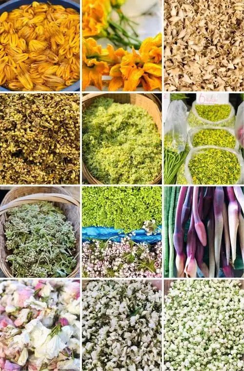 瓜花,石榴花花托,棠梨花,苦刺花,金雀花,奶浆花,芋头花,白花杜鹃等( a