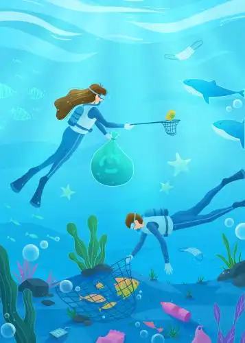 潜水员在海底捡垃圾环保扁平肌理插画